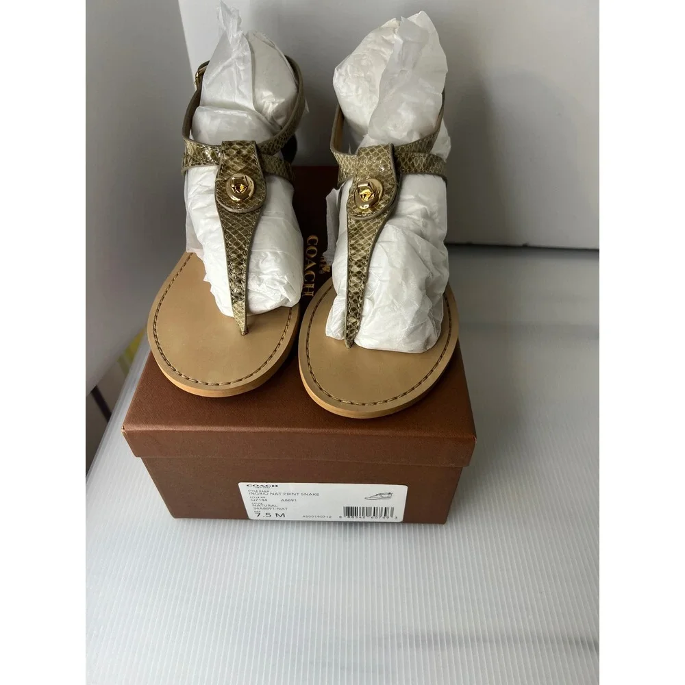 COACH Ingrid Natural Snake Print Leather Thong Wedge‎ Sandals Women's Size 7.5B